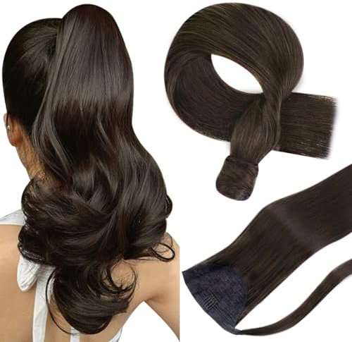 Hetto Ponytail Extension Echthaar Braun Zopf Extension Echthaar 50 cmmit Clip Dunkelstes Braun Gerade Remy Vollkopf Natürliche Invisible Haarverlängerung 80g #2