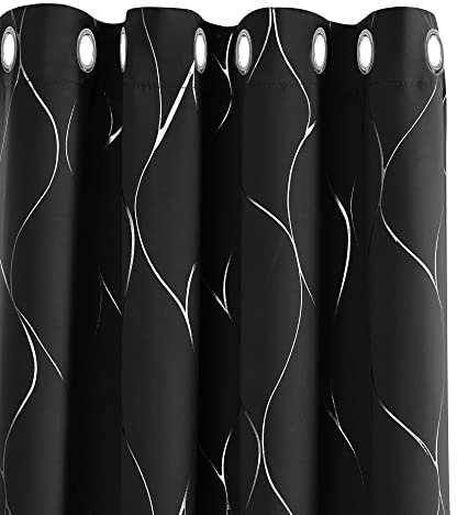 Deconovo Verdunkelungsgardinen mit Ösen Dicke Thermovorhang Kälteschutz Thermogardine Hitzeschutz, Blickdichte Vorhänge, Wohnzimmer Gardinen mit Muster, 138x132 cm(HöhexBreite), Schwarz, 2er Set