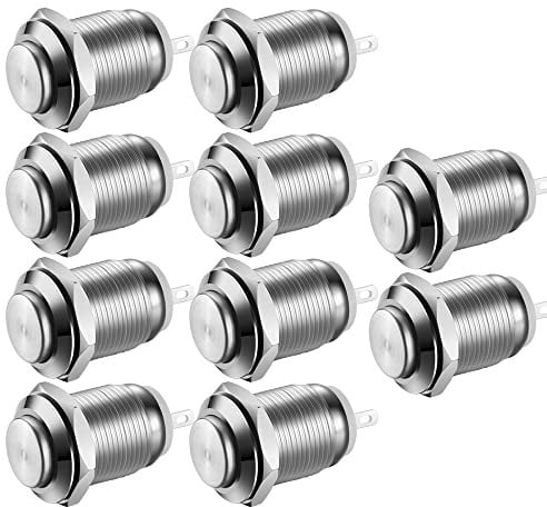Gebildet 10Piezas Pulsador a Prueba de Agua Botón de Acero Inoxidable Momentáneo Encendido Apagado 12mm 2A 12V/24V/125V/250V(Cabeza Alta)
