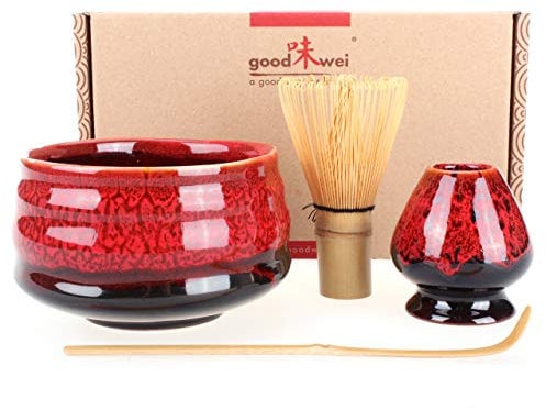 Goodwei Matcha Set with Matcha Whisk, Spoon and Ceramic Matcha Bowl with Whisk Holder in Matching Design | Artisanal Matcha Tea Bowl Chawan | Gift Set (Yogan, 80)