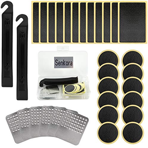 Keyck 32 Stücke Fahrradreifen Patch Kit Fahrrad Flickzeug Reparatur Set Metall Fahrradreifen Reibe Reifenheber Werkzeug Selbstklebend Gummipatch Reifen Reparaturset