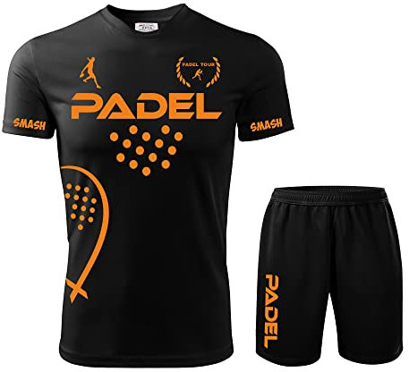 ZENA Kit Maglia Calzoncini Fluo Padel t-Shirt Paddle World Smash Tennis Gara (Nero/Arancione, 50 L IT)