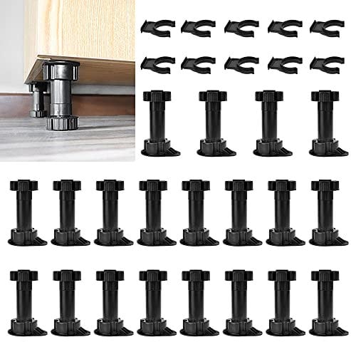 WANTOUTH Lot de 20 Pieds de Meubles Réglables, 100-120MM Pieds pour Meuble Noir, Pied de Meuble en Plastique avec 10 Clip pour Plinthe, Pieds de Table Réglable pour Meuble, Armoires, Cuisine, Canapé
