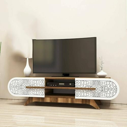 Dmora - Meuble TV Alud, Buffet de Salon, Armoire Basse pour TV, Base Murale équipée, 145x37h37 cm, Noyer et Blanc