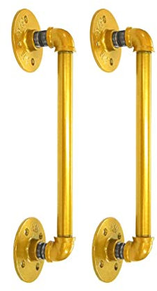 SERENITA 14 Industrial Pipe Gold Iron Barn Door Pull Bar Handles Knobs, Rustic Front Exterior Gate Interior Sliding Hardware. (Gold 2 Pack 14 inch)
