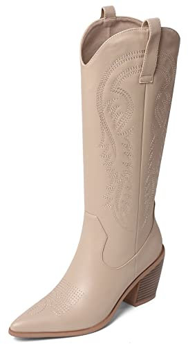 Stivali western da donna con punta a punta in pelle Stivali alti al ginocchio da cowgirl con tacco grosso impilato beige 38 EU