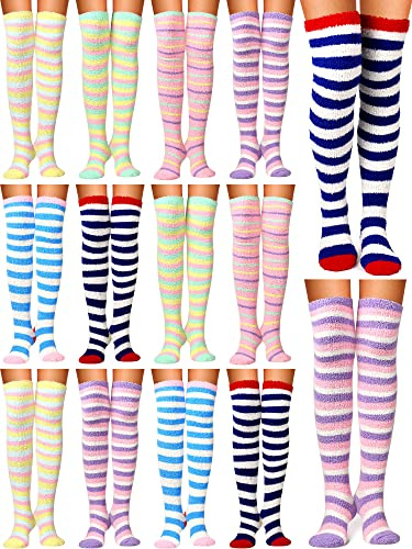 12 Pair Women Thigh High Fuzzy Sock Fluffy Knee High Stocking Classic | Over Knee High Fuzzy Socks, Long Striped Stocking, Warmers Soft Plush Coral Fleece, Assorted Colors, Winter Festival Gift