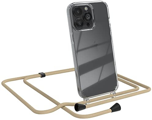 EAZY CASE Handykette kompatibel mit iPhone 13 Pro Handyhülle mit Umhängeband, Handykordel mit Schutzhülle, Silikonhülle, Hülle mit Band, Kette mit Hülle für Smartphone, Taupe - Clips Schwarz