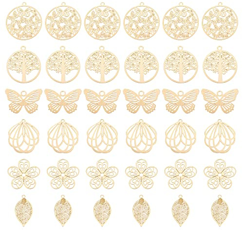 UNICRAFTALE 36Pcs 6 Ciondoli Botanico In Oro Filigrana Acciaio Inossidabile Abbellimenti Inciso Fiore Farfalla Foglia Piatta Rotonda Ciondolo Cava