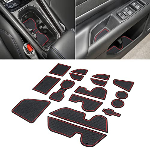 KENTUTO Liner Accessories for Jeep Compass 2022 - Custom Fit Cup Holder, Center Console, and Door Pockets Rubber Inserts Pad Mat Kit (Red Trim) - 16 PC Set