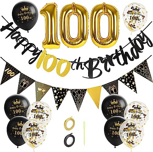 GoldRock 100 Geburtstag Dekoration Schwarz Gold, Deko zum 100 Geburtstag Männer Frau, Geburtstagsdeko 100 Jahre,Luftballons 100 Geburtstag,Happy Birthday Girlande,Folienballon Zahl 100,Deko 100 Jahre
