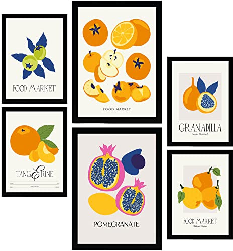 Nacnic Set mit 6 Lebensmittel- und Ernährungs Postern. Runde Früchte. Natur- und Botanikdrucke für Innenarchitektur und Dekoration. A3 & A4 schwarze Rahmen.