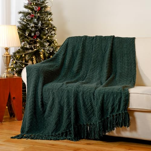Battilo Christmas Green Throw Blanket for Sofa, 125cmx150cm | Knitted Woven Green Blankets with Tassels , Super Soft Warm Decorative Christmas Blanket for Bed Chair Couch Living Room