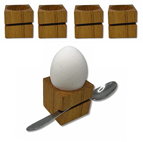 BUNBAN 4 Eierbecher aus Massivholz mit Löffelhalter modernes eckiges Design 4,5 x 4,5 x 4,5 cm (4 Stück) (Akazie)