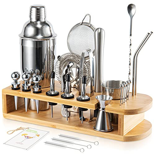 Semderm Ensemble Shaker à Cocktail Mixology Barman avec Support en Bambou | Kit de Bar à Cocktail 26 pièces avec Tous Les Outils de Bar Essentiels | Ensemble à Cocktail et kit de Bar Parfait pour Une