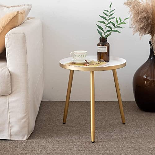AOJEZOR Round Side Table, Metal End Table, Nightstand/Small Tables for Living Room, Accent Tables Cheap, Side Table for Small Spaces (White & Gold)