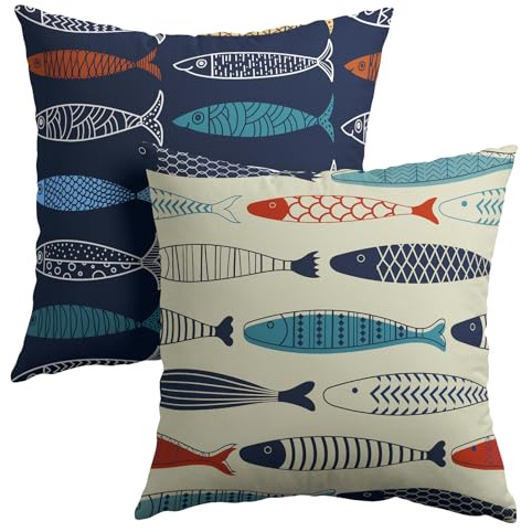Dekorative Kissenbezüge mit Fischmotiv, Baumwolle, Leinen, buntes Fisch-Design, quadratisch, für Sofa, Schlafzimmer, Couch, Zuhause, Outdoor, 2 Stück