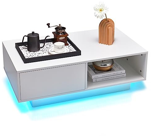 LIFEZEAL Couchtisch mit LED, Wohnzimmertisch mit Schublade und Fächer, Sofatisch mit Fernbedienung & USB-Stecker, Rechteckiger Aufbewahrungstisch für Wohnzimmer Büro, 95 x 55 x 31cm (Weiß)