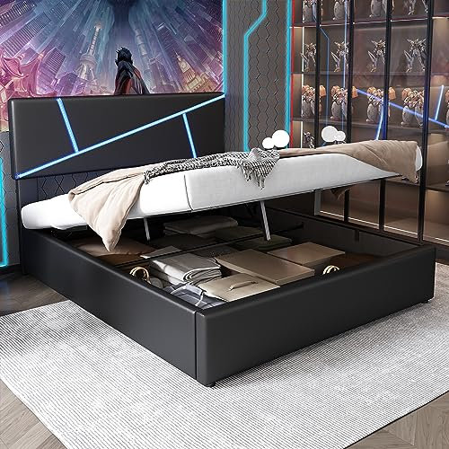 Tkopy Polsterbett 160x200, Doppelbett mit LED-Kopfteil, Bett mit Stauraum und Lattenrost, Hydraulisch Stauraumbett Rückenlehne Polsterbett Jugendbett Funktionsbett, ohne Matratze, Kunstleder Schwarz