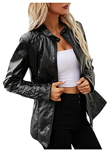 Lederimitat Jacke Damen Schwarz Echtleder Herbst Bikerjacke Lederjacke Winter mit Gürtel Lang Oversize Damen-Jacken Leather Jacket Vintage Elegant Kunstlederjacke College Jacke