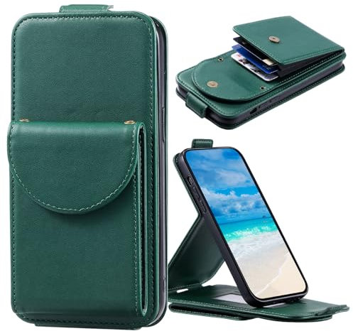 Wuhaizher iPhone 13 Mini Phone Case Shockproof Leather Flip Wallet Case for Women Men with Strap Large Card Holder Bag Folding Stand Protect Vertical Flip Down Cover for iPhone 13 Mini, Green