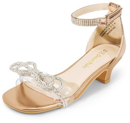 DREAM PAIRS Girls Sandals Ankle Strap Square Toe Low Heel Bow Flower Dress Shoes,Size 4 Big Kid,Champagne-Rhinestone,SDSD2421K