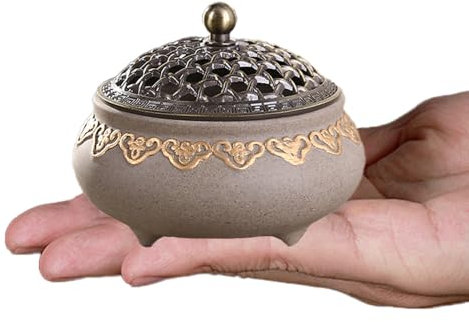 Vintage Keramik Räuchergefäß Weihrauchbrenner Räuchergefäß Räucherstäbchenhalter Halter Rund Chinesisch Porzellan Räucherschale mit Feuerfeste Matte Metall Deckel für Meditationsraum Home Deko
