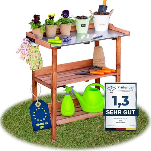 ITA Pflanztisch Premium - Pflanzentisch mit verzinkter Arbeitsplatte - Gärtnertisch aus Holz - Wetterfest - Made in EU - Direkt vom Hersteller - FSC Zertifiziert - Outdoor & Indoor - 76x38x89 cm Braun