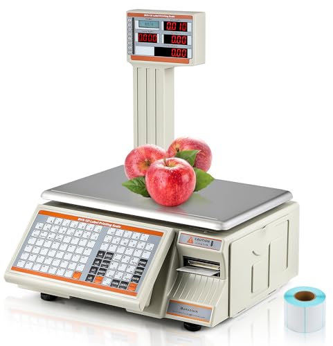 Bonvoisin Etikettendruckwaage 30KG/66lbs, Preisberechnungswaage Kommerzielle Barcodewaage, Stangendisplay mit Etiketten- und Bondrucker, für Einzelhandelsgeschäft, Supermarkt und Bauernhof (EU)