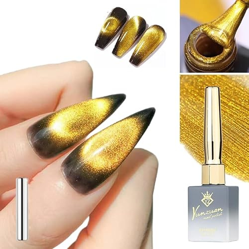 Universal Gold Cat Eye Gel Nail Polish, Magnetic Gel Polish with Magnet Stick, 15ml Amber Cat Eye Gel Nail Polish Golden Magnetic Gel Polish Galaxy Effect Bright Glitter Shimmer Cateye Nail Gel