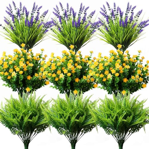 YXYQR 18PCS Spring Artificial Flowers Plants Outdoor UV Resistant Bedding Fake Monkey Grass Mums Outside Faux Plastic Fern Greenery Arrangement for Front Porch Window Box Planter Hanging Basket Garden