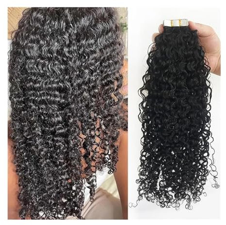 Tape Extension Echthaar Tape-in-Extensions, Echthaar, for schwarze Frauen, tief gewellt, Hauteinschlag, natürlich schwarz, Tape-in-Haarverlängerungen, unsichtbar, nahtlos, gelockt, Tape-on-Extensions