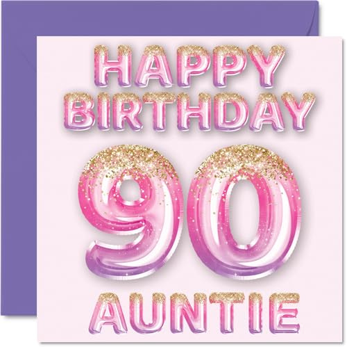 90th Birthday Card for Auntie, Pink & Purple Glitter Balloons | Happy Birthday Cards for 90 Year Old Aunt Aunty from Nephew Niece, 145mm Bday Greeting Cards Gift