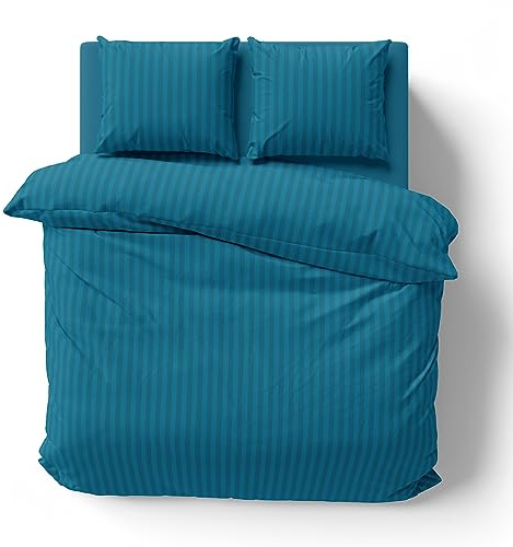 Visaggio Bettwäsche 200x200 + 2X(80x80) Premium Mikrofaser Damast Partner Bettbezug Kissenbezug Gestreift Garnitur Petrol