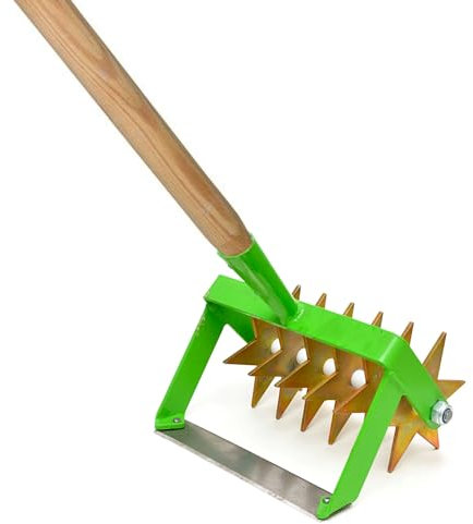 Rotary Soil Cultivator, 2-in-1 Hand Tool - Soil Rejuvenator and Weed Remover, Steel Rotary Hand Soil Scarifier Cultivator Head with Wooden Handle, 20 cm / 8″ Wide, Gardening and Farming Tool