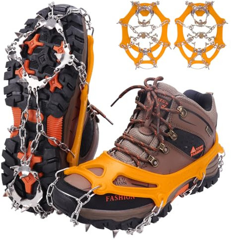 WIN.MAX Steigeisen Grödel Eisspikes, Schuhkrallen mit19 Edelstahl Zähne Spikes Schuhkrallen Grödeln Eisspikes für Klettern Bergsteigen Trekking High Altitude Winter Outdoor (Gelb, L)