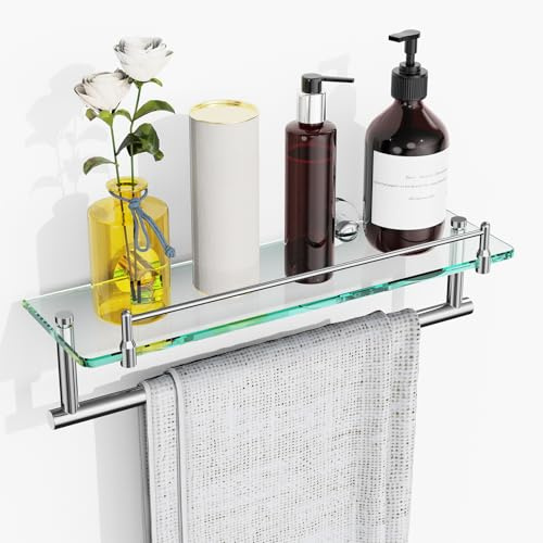 KOCOK Mensola da bagno sospesa in vetro temperato da 40,6 cm, con barra porta asciugamani, in acciaio inox cromato lucido, montaggio a parete