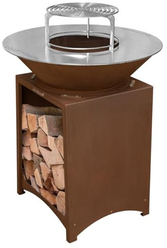 Mon Mobilier Design Fiesta Brasero Haut Acier corten avec Plaque et Grille Amovible INOX Barbecue plancha extérieur Ø 75 cm