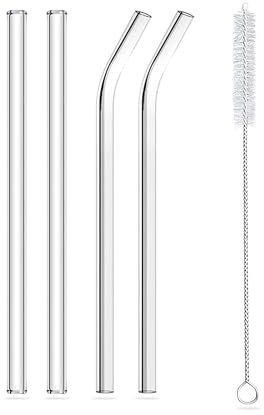 G4GADGET Glass Straw Set | 2 Bent & 2 Straight Reusable Drinking Straws with Cleaning Brush | Smoothies, Cocktails, & Hot Drinks | Dishwasher Safe