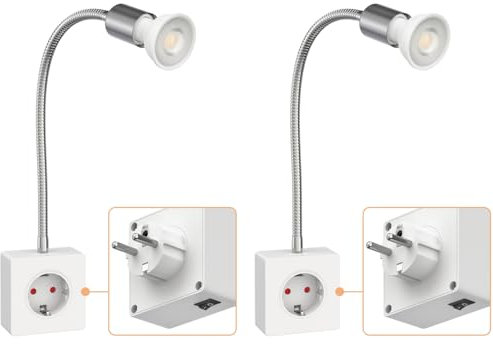 ledscom.de 2 Stück Steckdosenlampe LESCH Leselampe, chrom/weiß inkl. GU10 LED Lampe 5,8W, 468lm, 33°, warmweiß