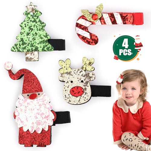 KIKISML 4 Pièces Pinces à Cheveux de Noël, Accessoires de Cheveux de Noël, Renne, Père Noël, canne à sucre et sapin de Noël Barrettes de Cheveux de Éléments Noël