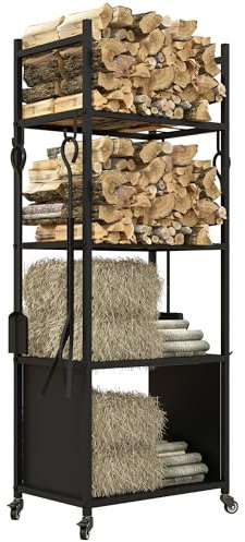 Outsunny Leñero con Ruedas Soporte para Leña de 4 Niveles Estante de Leña con Pala Atizador Cepillo Tenazas para Interior y Exterior 45x30x118 cm Negro