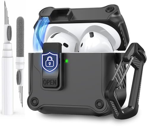 AhaStyle Hülle für AirPods 4 (2024) mit Secure Lock Clip, Automatik Pop-up Case für AirPods 4. Generation mit Cleaner Kit Ganzkörper Stoßfeste Hartschutzhülle für Apple AirPods 4 2024 Ladecase