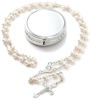 GlamRays Rosaria Beads Catholic - Confirmation Gifts for Teenage Girls, Silver Simple Style Metal Gift Box, White Faux Pearl Rosary