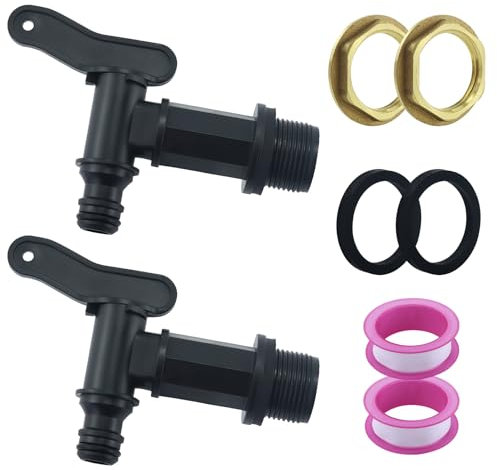 Lot de 2 robinets d'écoulement pour citerne d'eau de pluie, robinet 3/4 en plastique de rechange avec joint contre-écrou bande d'étanchéité pour réservoir d'eau de pluie, avec 2 joints en caoutchouc,