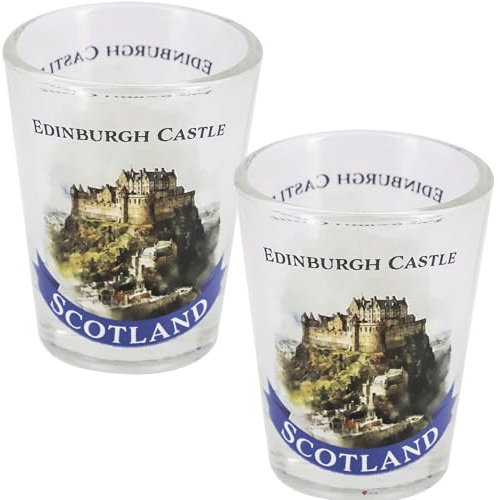 I LUV LTD Double Tot Glasses with Heavy Base, Scotland Edinburgh Castle Design, Great Souvenir Gift Set, 50ml, Pack of 2
