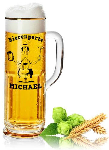 Premium Bierkrug mit Gravur und Goldrand | Bierexperte - Personalisiert Vorname | Geschenk für Ihn | Bierglas lustig für Papa Freund Trauzeuge Bonuspapa Geschenk