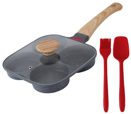 HEIYUET Spiegeleipfanne mit Deckel, 4 Loch Pancake Pfanne mit Silikon Spachtel und Backpinsel, Eierpfanne Bratpfanne Omelettpfanne Frühstückspfanne für Induktion Gasherd