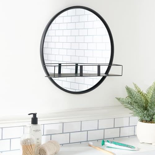 OHS Black Round Bathroom Mirror Wall Mounted, Space Saver Round Mirrors for Walls with Shelf Makeup Dressing Easy Hang Decorative Bathroom Mirrors Over Sink, 40cm