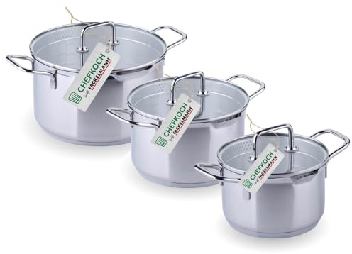 Chefkoch trifft Fackelmann Kochtopf-Set mit Glasdeckel Ø16, 20, 24cm – Aus Premium Edelstahl mit Aluminium-Kern, für alle Herdarten inkl. Induktion